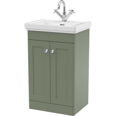 Nuie Classique Floor Standing 2-Door Vanity Unit with Basin 500mm Wide Satin Green - 1 Tap Hole (1/4)