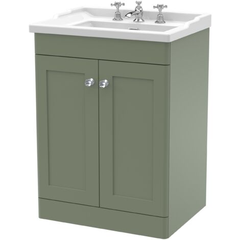 Nuie Classique Floor Standing 2-Door Vanity Unit with Traditional Basin 600mm Wide Satin Green - 3 Tap Hole