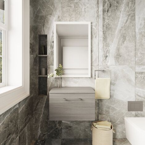 Nuie Arno Wall Hung 1-Drawer Vanity Unit with Worktop 600mm Wide - Solace Oak Woodgrain (1/5)