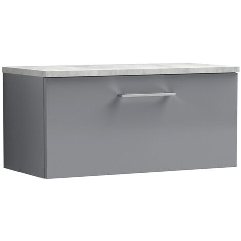 Nuie Arno Wall Hung 1-Drawer Vanity Unit with Bellato Grey Worktop 800mm Wide - Satin Grey (1/4)