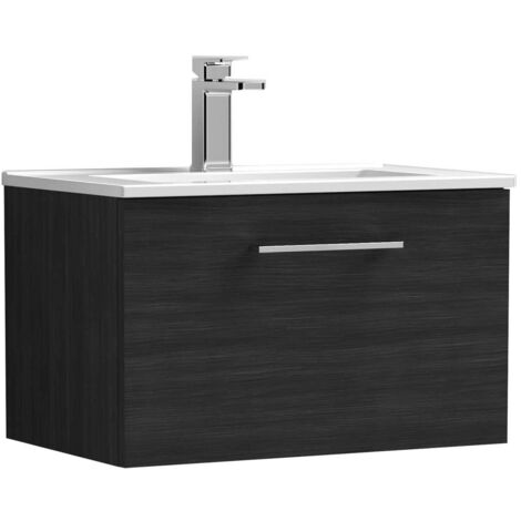 Nuie Arno Wall Hung 1-Drawer Vanity Unit with Basin-2 600mm Wide - Black Woodgrain (1/5)