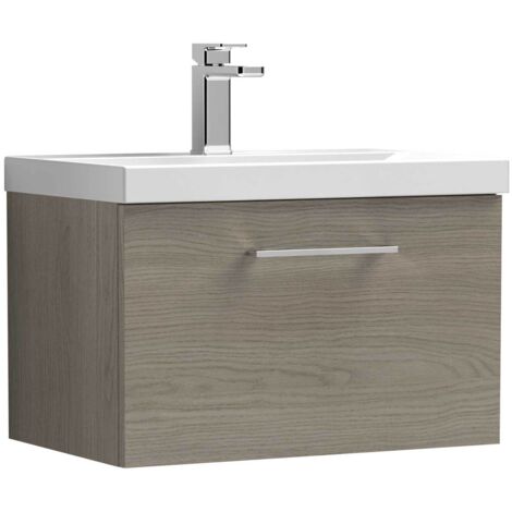 Nuie Arno Wall Hung 1-Drawer Vanity Unit with Basin-1 600mm Wide - Solace Oak Woodgrain (1/5)