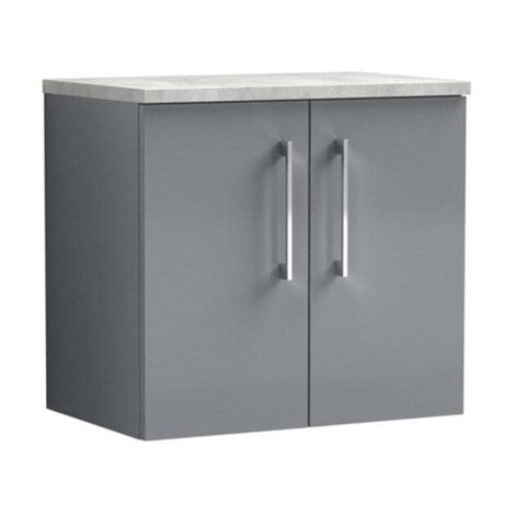 Nuie Arno Wall Hung 2-Door Vanity Unit with Bellato Grey Worktop 600mm Wide - Satin Grey (1/5)