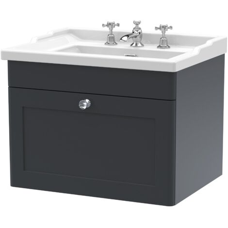 Nuie Classique Wall Hung 1-Drawer Vanity Unit with Traditional Basin 600mm Wide Satin Anthracite - 3 Tap Hole