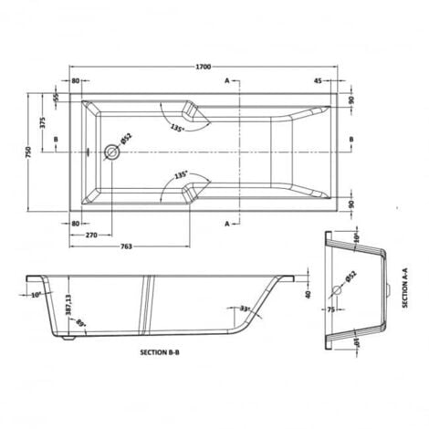 Nuie Square Straight Single Ended Shower Bath 1700mm x 750mm - Acrylic (inc Leg Set)