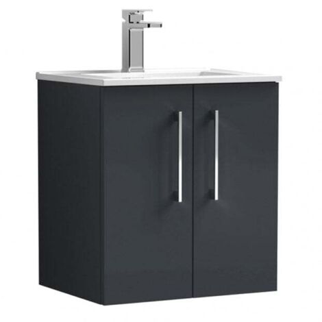 Nuie Arno Satin Soft Black 500mm Wall Hung 2 Door Vanity Unit and Minimalist Ceramic Basin - ARN1421B (1/5)