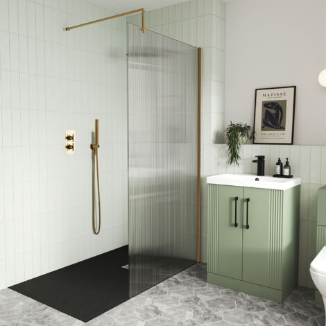 Hudson Reed Fluted Brushed Brass Profile Wet Room Screen with Support Bar 800mm Wide - 8mm Glass (1/4)