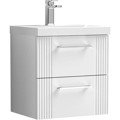 Nuie Deco Satin White 500mm Wall Hung 2 Drawer Vanity Unit and Mid Edge Ceramic Basin - DPF192A