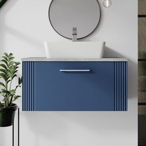 Nuie Deco Wall Hung 1-Drawer Vanity Unit with Bellato Grey Worktop 800mm Wide - Satin Blue (1/5)