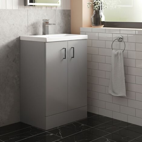 Nuie Arno Compact Floor Standing 2-Door Vanity Unit with Polymarble Basin 600mm Wide - Satin Grey (1/5)