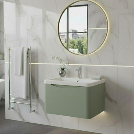 Nuie Lunar Satin Green 600mm Wall Hung Single Drawer Vanity Unit and Ceramic Basin - LUN805A
