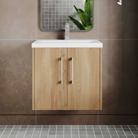 Hudson Reed Juno Autumn Oak Woodgrain 600mm Wall Hung 2 Door Vanity Unit and Mid Edge Ceramic Basin - JNU1823A