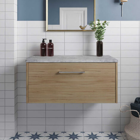 Hudson Reed Juno Wall Hung 1-Drawer Vanity Unit with Bellato Grey Worktop 800mm Wide - Autumn Oak (1/5)