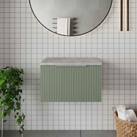 Hudson Reed Fluted Wall Hung 1-Drawer Vanity Unit with Bellato Grey Worktop 600mm Wide - Satin Green (1/5)