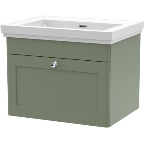Nuie Classique Wall Hung 1-Drawer Vanity Unit with Classic Basin 600mm Wide Satin Green - 0 Tap Hole (1/5)