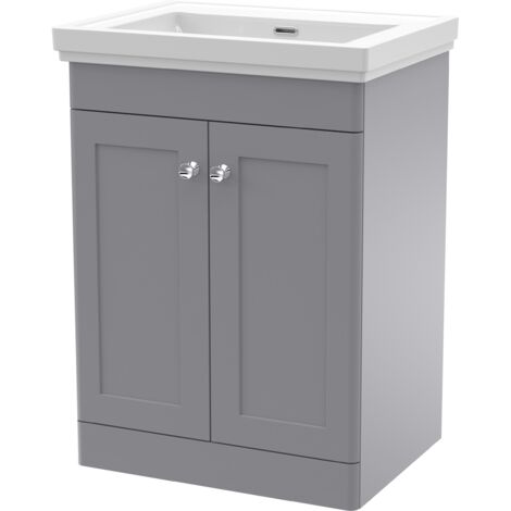 Nuie Classique Floor Standing 2-Door Vanity Unit with Classic Basin 600mm Wide Satin Grey - 0 Tap Hole (1/5)
