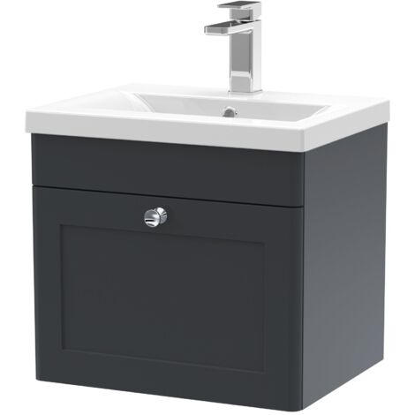 Nuie Classique Satin Soft Black 500mm Wall Hung Single Drawer Vanity Unit and 40mm Profile Basin - CLC1491D (1/5)