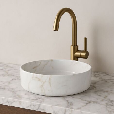 Signature Olmec Round Countertop Basin with Unslotted Waste 360mm Wide 0 Tap Hole - Marble Effect (1/3)