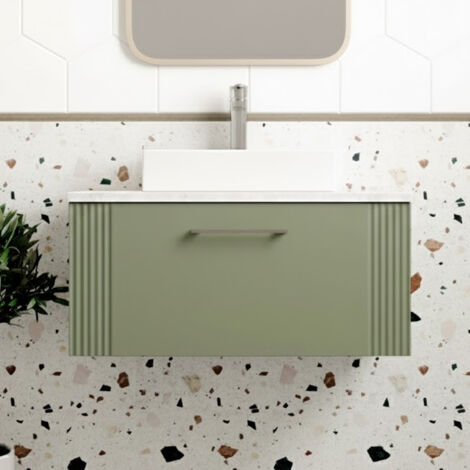 Nuie Deco Wall Hung 1-Drawer Vanity Unit with Bellato Grey Worktop 800mm Wide - Satin Green (1/5)