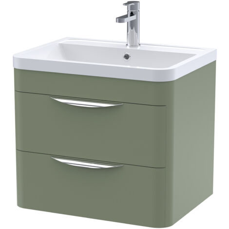 Nuie Parade Wall Hung 2-Drawer Vanity Unit with Polymarble Basin 600mm Wide - Satin Green (1/6)