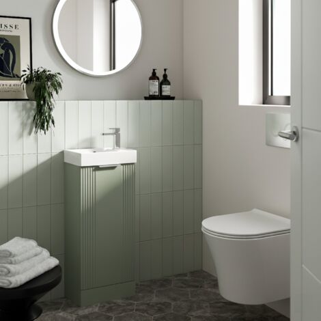 Nuie Deco Compact Satin Green 400mm Floor Standing Single Door Vanity Unit with Basin - FLT820