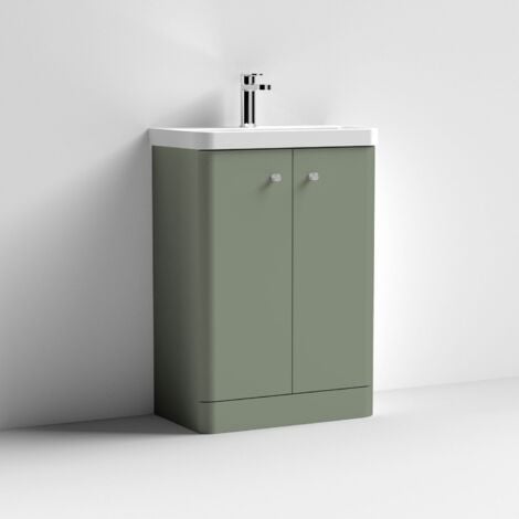 Nuie Core Floor Standing 2-Door Vanity Unit with Thin Edge Basin 600mm Wide - Satin Green
