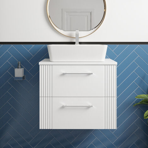Nuie Deco Satin White 600mm Wall Hung 2 Drawer Vanity Unit with Worktop - DPF193W