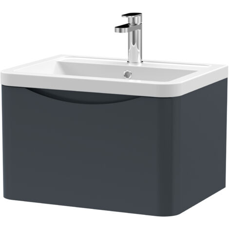 Nuie Lunar Satin Soft Black 600mm Wall Hung Single Drawer Vanity Unit and Ceramic Basin - LUN1405A (1/7)