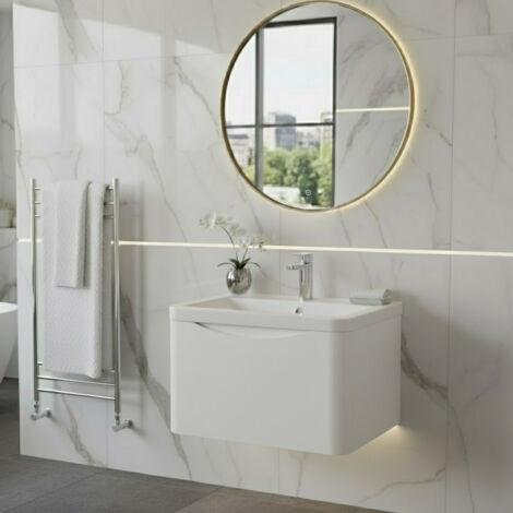 Nuie Lunar Satin White 600mm Wall Hung Single Drawer Vanity Unit and Ceramic Basin - LUN105A (1/5)