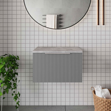Hudson Reed Fluted Wall Hung 1-Drawer Vanity Unit with Bellato Grey Worktop 600mm Wide - Satin Grey (1/5)