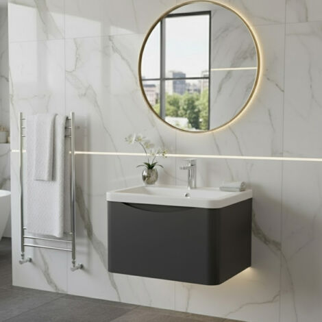 Nuie Lunar Satin Soft Black 600mm Wall Hung Single Drawer Vanity Unit and Polymarble Basin - LUN1405 (1/5)
