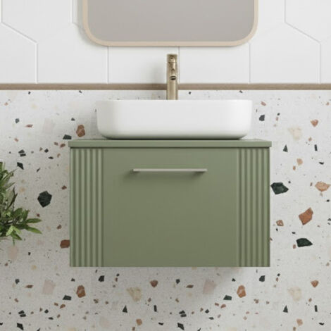 Nuie Deco Satin Green 600mm Wall Hung Single Drawer Vanity Unit with Worktop - DPF894W