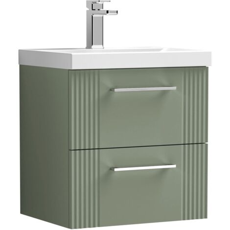 Nuie Deco Satin Green 500mm Wall Hung 2 Drawer Vanity Unit and Mid Edge Ceramic Basin - DPF892A