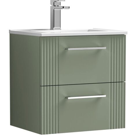 Nuie Deco Satin Green 500mm Wall Hung 2 Drawer Vanity Unit and Minimalist Ceramic Basin - DPF892B