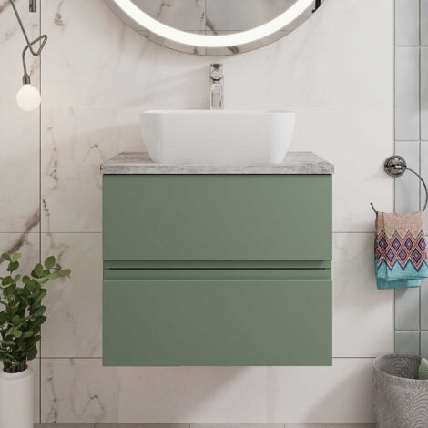 Hudson Reed Urban Wall Hung 2-Drawer Vanity Unit with Bellato Grey Worktop 600mm Wide - Satin Green (1/5)