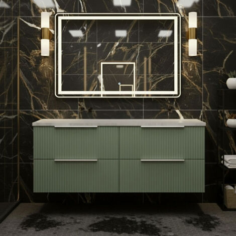 Hudson Reed Fluted Wall Hung 4-Drawer Vanity Unit with Bellato Grey Worktop 1200mm Wide - Satin Green (1/4)