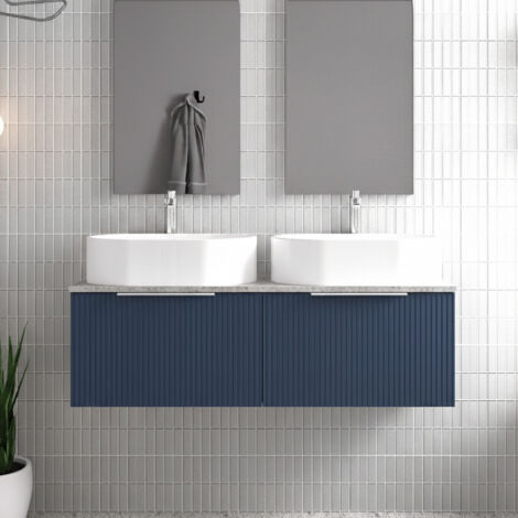 Hudson Reed Fluted Wall Hung 2-Drawer Vanity Unit with Bellato Grey Worktop 1200mm Wide - Satin Blue (1/4)