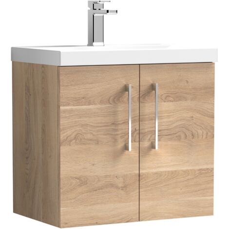 Nuie Arno Bleached Oak Woodgrain 600mm Wall Hung 2 Door Vanity Unit and Mid Edge Ceramic Basin - ARN3023A (1/4)