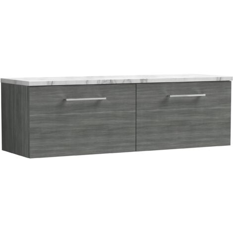 Nuie Arno Wall Hung 2-Drawer Vanity Unit with Carrera Marble Worktop 1200mm Wide - Anthracite Woodgrain (1/4)