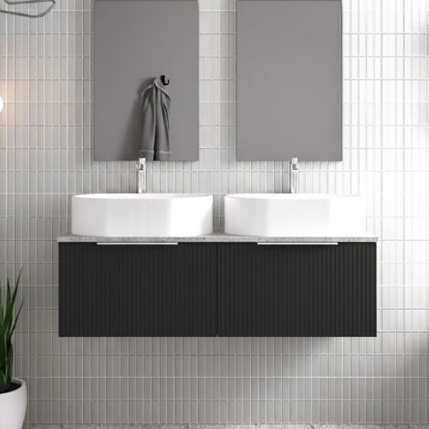 Hudson Reed Fluted Wall Hung 2-Drawer Vanity Unit with Bellato Grey Worktop 1200mm Wide - Satin Anthracite (1/4)