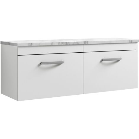 Nuie Athena Wall Hung 2-Drawer Vanity Unit with Carrera Marble Worktop 1200mm Wide - Gloss White (1/4)