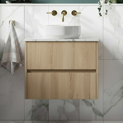 Havana Wall Hung 2-Drawer Vanity Unit with Carrera Marble Worktop 600mm Wide - Autumn Oak