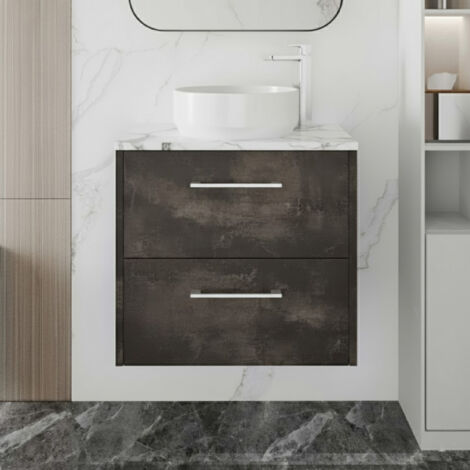 Hudson Reed Juno Wall Hung 2-Drawer Vanity Unit with Carrera Marble Worktop 600mm Wide - Metallic Slate (1/4)