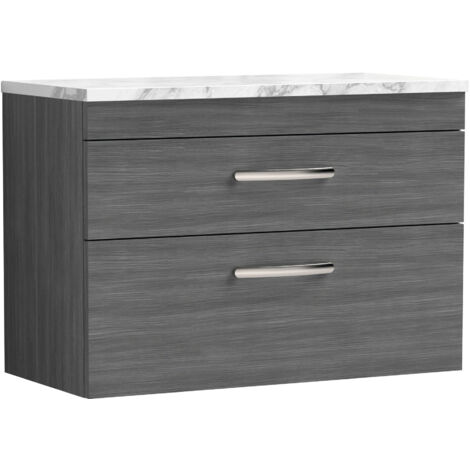 Nuie Athena Wall Hung 2-Drawer Vanity Unit with Carrera Marble Worktop 800mm Wide - Anthracite Woodgrain (1/5)