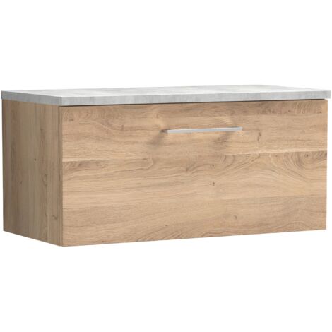 Nuie Arno Wall Hung 1-Drawer Vanity Unit with Bellato Grey Worktop 800mm Wide - Bleached Oak (1/4)