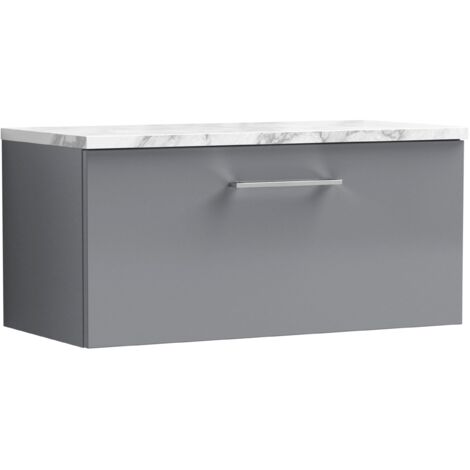 Nuie Arno Wall Hung 1-Drawer Vanity Unit with Carrera Marble Worktop 800mm Wide - Satin Grey (1/4)