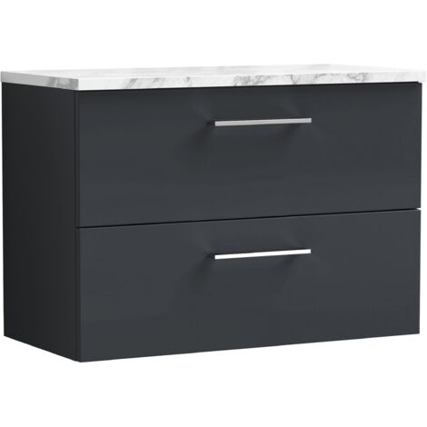 Nuie Arno Wall Hung 2-Drawer Vanity Unit with Carrera Marble Worktop 800mm Wide - Satin Anthracite (1/4)