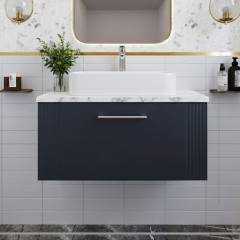 Nuie Deco Wall Hung 1-Drawer Vanity Unit with Carrera Marble Worktop 800mm Wide - Satin Anthracite
