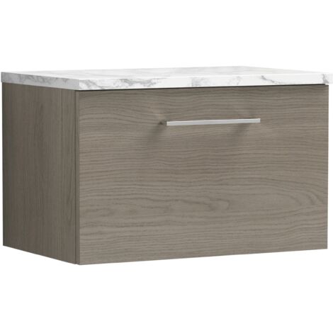 Nuie Arno Wall Hung 1-Drawer Vanity Unit with Carrera Marble Worktop 600mm Wide - Solace oak (1/4)
