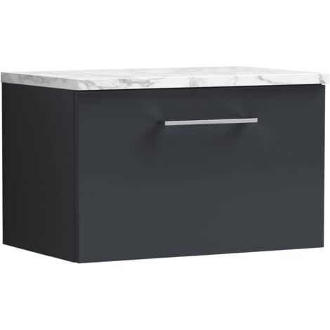 Nuie Arno Wall Hung 1-Drawer Vanity Unit with Carrera Marble Worktop 600mm Wide - Satin Anthracite (1/4)